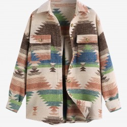 Women's Ethnic Style Single Breasted Long Sleeve Aztec Geo Tribal Printed Cargo Pockets Shirt Jacket Shacket