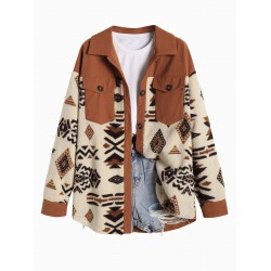 Women's Single Breasted Ethnic Style Aztec Geo Tribal Printed Cargo Pockets Fluffy Corduroy Panel Spliced Teddy Shirt Jacket Shacket