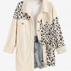 Women's Animal Leopard Corduroy Flap Detail Single Breasted Tunic Long Shirt Jacket Shacket