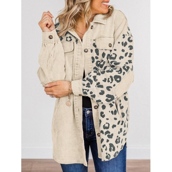 Women's Animal Leopard Corduroy Flap Detail Single Breasted Tunic Long Shirt Jacket Shacket