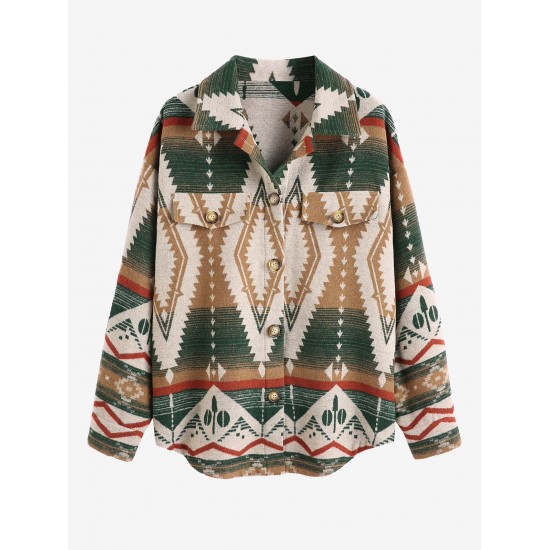 Women's Long Sleeve Ethnic Style Aztec Geo Tribal Printed Flap Detail Button Up Wool Blend Shirt Jacket Shacket