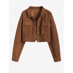 Women's Single Breasted Flap Pockets Corduroy Crop Shirt Jacket Shacket