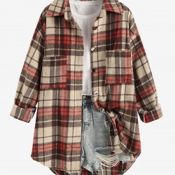 Women's Daily Vintage Style Plaid Front Pockets Wool Blend Shirt Jacket Shacket