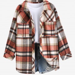 Women's Plaid Wool Blend Pocket Drop Shoulder Button Up Turn Down Collar Shacket