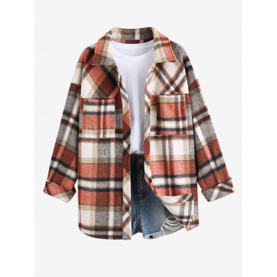 Women's Plaid Wool Blend Pocket Drop Shoulder Button Up Turn Down Collar Shacket