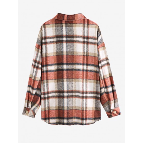 Women's Plaid Wool Blend Pocket Drop Shoulder Button Up Turn Down Collar Shacket