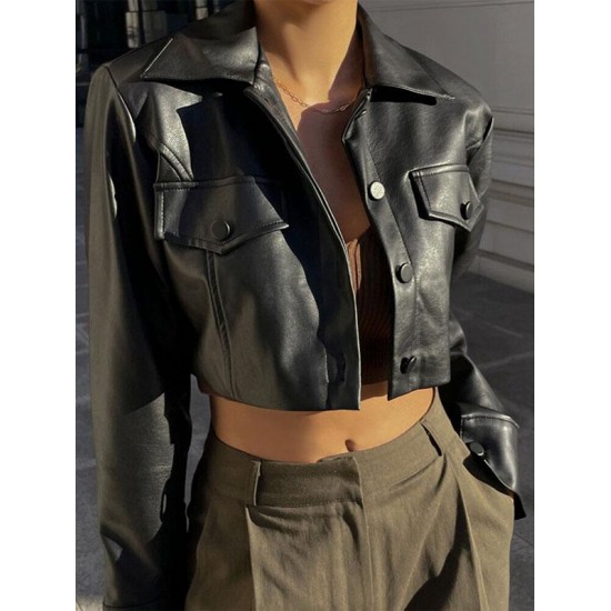 Women's PU Leather Mock Pocket Solid Color Going Out Streetwear Crop Shacket Jacket