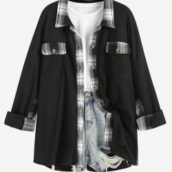 Women's Plaid Spliced Textured Knit Flap Pockets Single Breasted Shirt Jacket Shacket