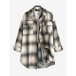 Women's Wool Blend Drop Shoulder Plaid Belted Button Up Pocket Longline Shacket