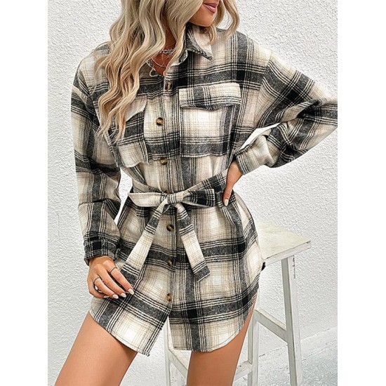 Women's Wool Blend Drop Shoulder Plaid Belted Button Up Pocket Longline Shacket