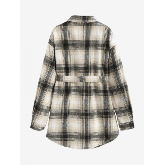 Women's Wool Blend Drop Shoulder Plaid Belted Button Up Pocket Longline Shacket