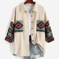 Women's Ethnic Aztec Printed Corduroy Shacket Long Sleeve Retro Spliced Jacket