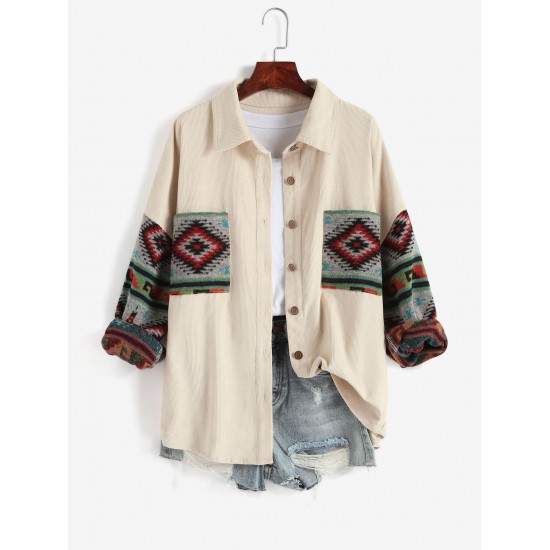 Women's Ethnic Aztec Printed Corduroy Shacket Long Sleeve Retro Spliced Jacket