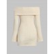 Women's Sexy Party Fuzzy Knitted Foldover Off Shoulder Solid Color Long Sleeve Mini Bodycon Dress