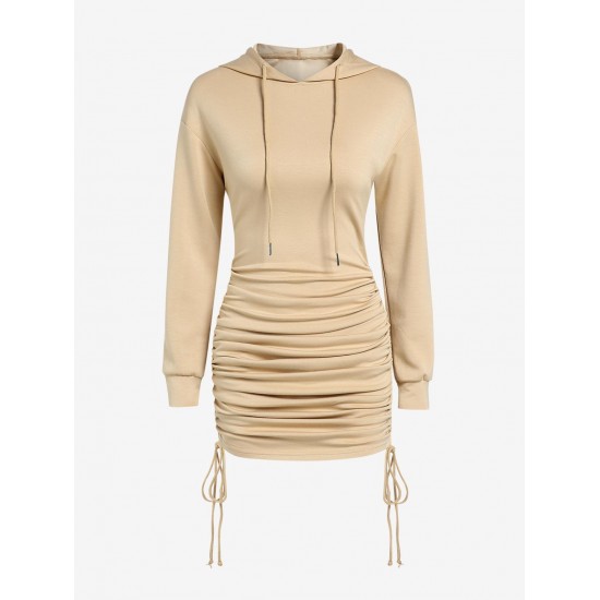 Women's Sexy Daily Hooded Drop Shoulder Long Sleeve Drawstring Cinched Ruched Solid Color Mini Bodycon Hoodie Dress