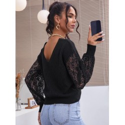 Lace Sleeves Twisted Open Back Jumper Sweater