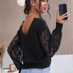 Lace Sleeves Twisted Open Back Jumper Sweater