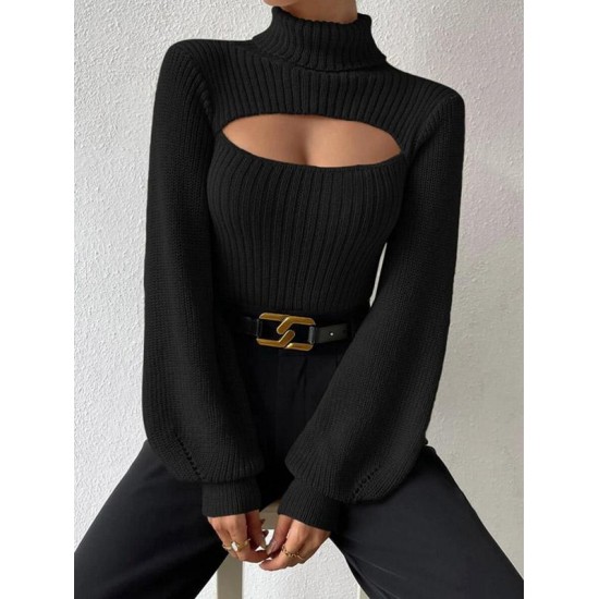 Women's Turtleneck Cut Out Lantern Sleeves Solid Color Chunky Pullover Sweater