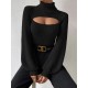 Women's Turtleneck Cut Out Lantern Sleeves Solid Color Chunky Pullover Sweater