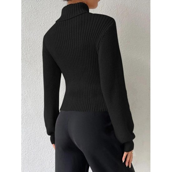 Women's Turtleneck Cut Out Lantern Sleeves Solid Color Chunky Pullover Sweater