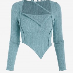 Choker Design Fuzzy Ribbed Asymmetrical Knitwear