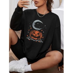 Halloween Pumpkin Moon Print Pullover Sweatshirt
