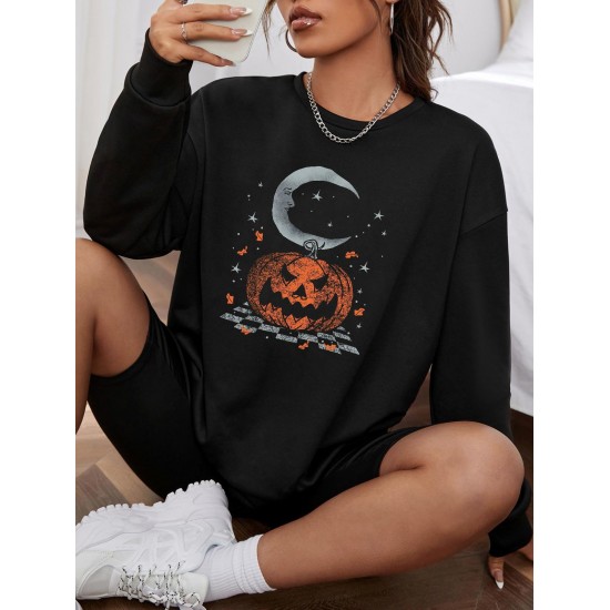 Halloween Pumpkin Moon Print Pullover Sweatshirt