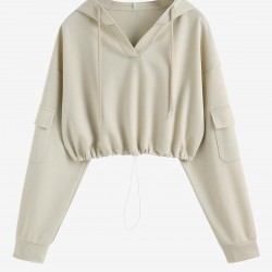 Women's Casual V Neck Pocket Design Drop Shoulder Solid Color Toggle Drawstring Cropped Hoodie