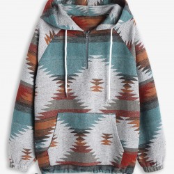 Women's Daily Ethnic Aztec Print Long Raglan Sleeve Kangaroo Pocket Quarter Zip Toggle Drawstring Hem Pullover Hoodie