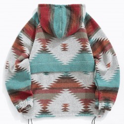 Women's Vintage Western Ethnic Aztec Geometric Print Quarter Zip Raglan Sleeves Woolen Hooded Sweatshirt