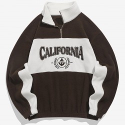 Women's Blokecore Colorblock Two Tone CALIFORNIA Graphic Embroidered Quarter Zip Stand Collar Thermal Fleece Drop Shoulder Pullover Sweatshirt