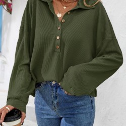 Women's Casual Solid Color Textured Half Buttoned Collared Long Sleeve Loose Drop Shoulder Sweatshirt