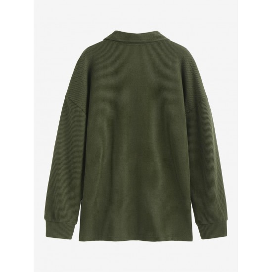 Women's Casual Solid Color Textured Half Buttoned Collared Long Sleeve Loose Drop Shoulder Sweatshirt