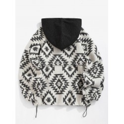 Women's Ethnic Style Tribal Geo Aztec Printed Quarter Zip Raglan Sleeve Front Pocket Wool Blend Loose Pullover Hoodie