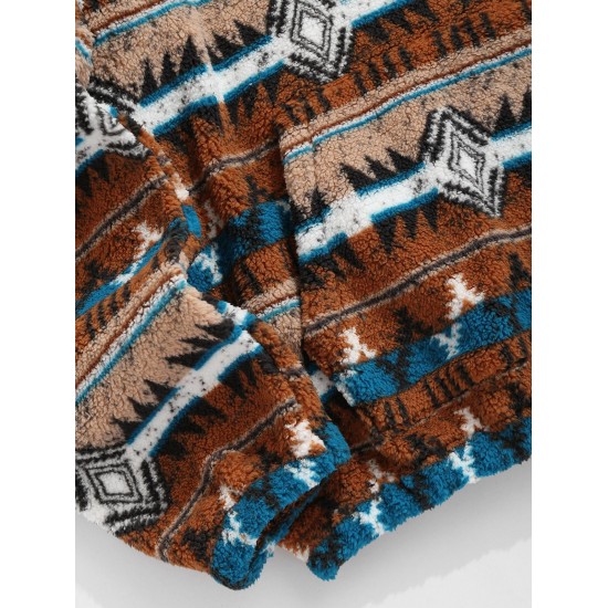 Women's Ethnic Aztec Geometric Print Fleece Fluffy Quarter Zip Pullover Sweatshirt