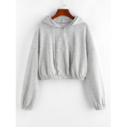 Drop Shoulder Zip Up Drawstring Hoodie