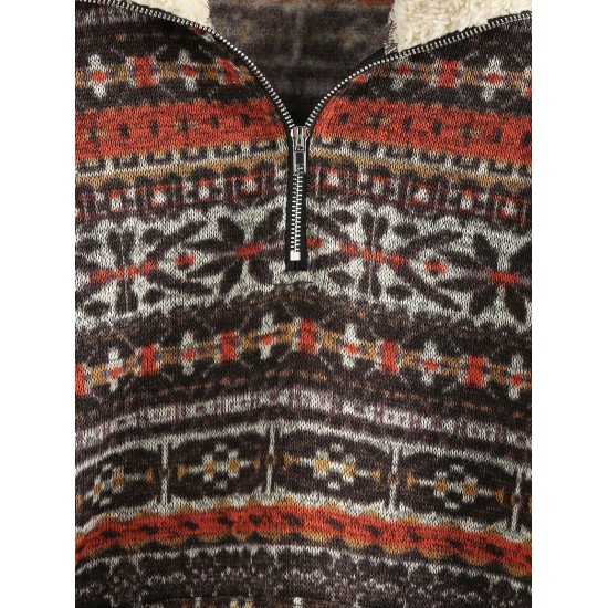 Tribal Ethnic Aztec Printed Faux Shearling Collar Quarter Zip Sweatshirt