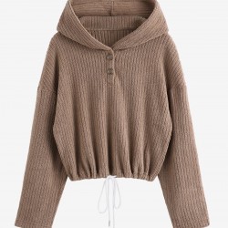 Women's Drawstring Hem Drop Shoulder Daily Solid Color Fluffy Fuzzy Textured Half Buttoned Hoodie