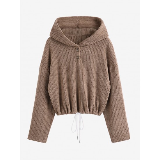 Women's Drawstring Hem Drop Shoulder Daily Solid Color Fluffy Fuzzy Textured Half Buttoned Hoodie