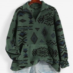 Front Pocket Fluffy Quarter Zip Ethnic Aztec Printed Sweatshirt