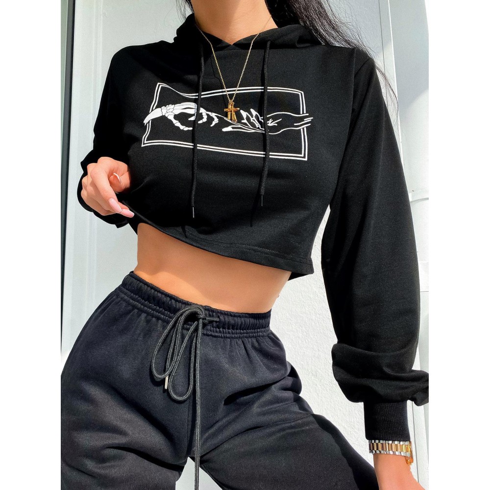 Skeleton Hand Drawstring Crop Hoodie