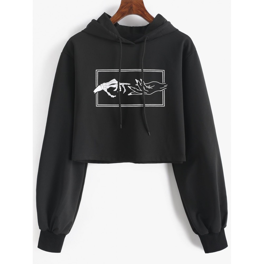 Skeleton Hand Drawstring Crop Hoodie